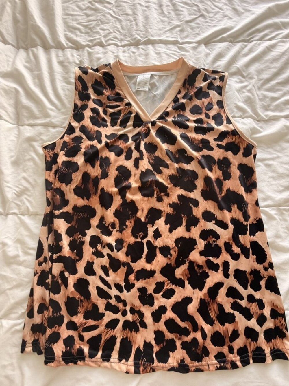 Leopard Print Sleeveless V-Neck Top Womens XL Tan Black Cheetah Tank Blouse
